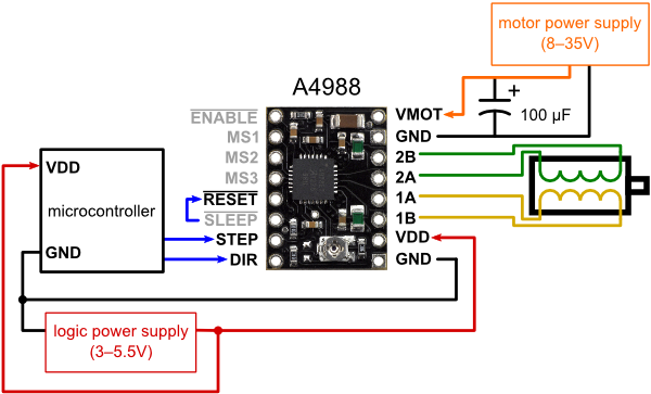 Circuit Connections of a4988, Arduino and Stepper Motor